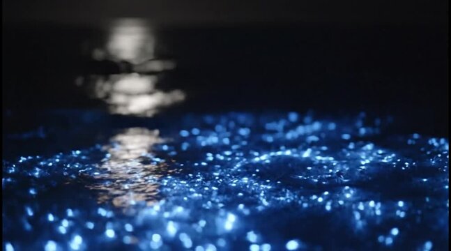 Bioluminescent plankton glowing blue in the dark ocean waves at night.