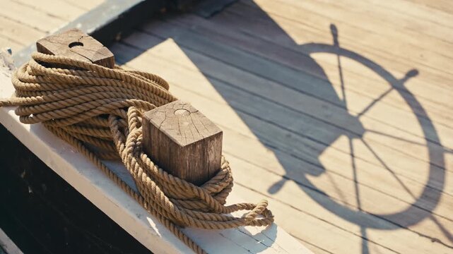 Smooth rack focus transitions from a steering wheel's silhouette cast on a weathered wooden ship deck to coiled nautical ropes wrapped around cleats in warm sunlight.