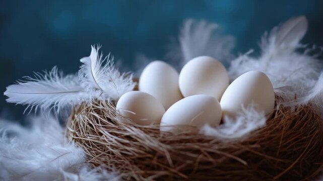 White eggs in brown nest, feathers. Nature's incubation scene.