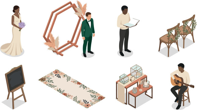 Art & IllustrationIsometric Boho Wedding Ceremony Element Set with Bride, Groom, Officiant, Musician, Arch, Chairs, and Floral Runway Decor for Event Planning Vectors