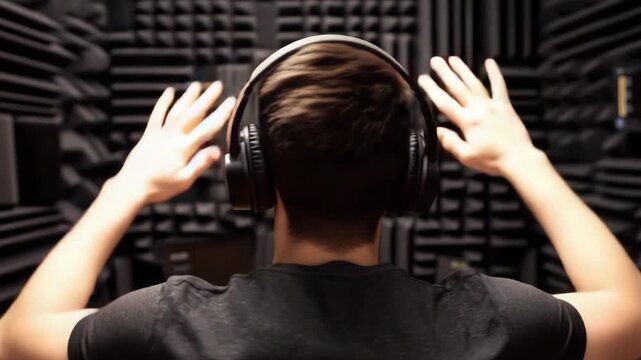 A man sings and raises his hands in a sound studio while wearing headphones and during a recording activity