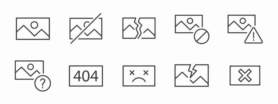 Broken photo and missing image placeholder line icon set for website error pages