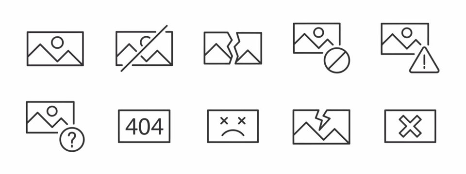 Broken photo and missing image placeholder line icon set for website error pages
