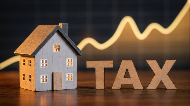 Wooden house model with tax letters and rising graph representing property taxes and financial growth