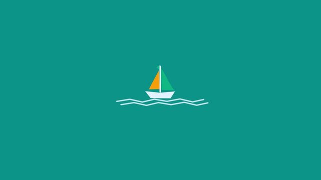 Minimalist animated sailboat icon floating on stylized ocean waves against a solid teal background.