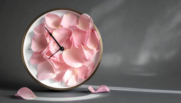 Clock filled with pink rose petals. Concept of beauty time and aging.
