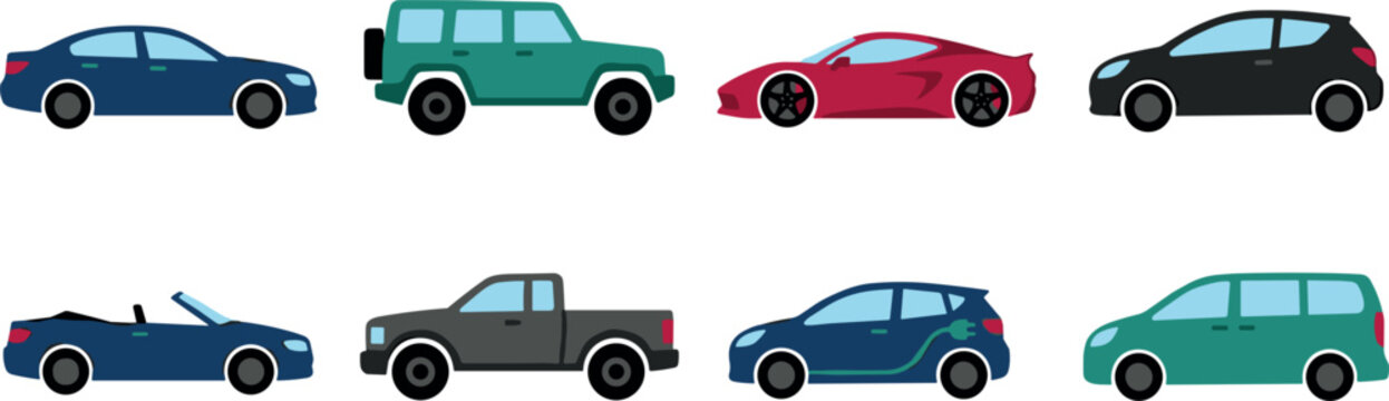 Art & IllustrationModern Car Type Vector Illustration Set Featuring Sedan, SUV, Sports Car, Hatchback, Convertible, Pickup Truck, Electric Vehicle, and Minivan Side View Graphic Icons