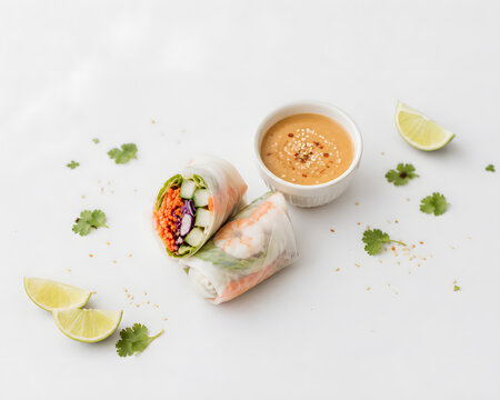 Minimal Single Fresh Roll With Peanut Sauce