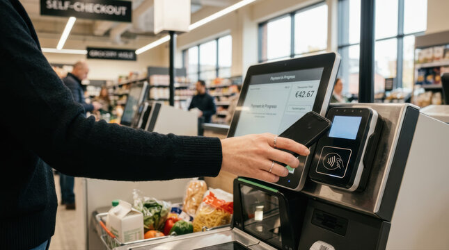 Self checkout contactless payment mobile phone grocery store modern technology cashless scanner touchscreen shopping retail hand holding smartphone completes contactless payment self checkout