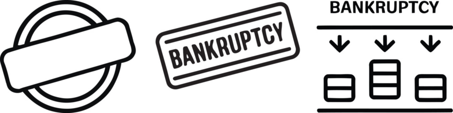 Bankruptcy rubber stamps, financial crisis and economic decline icons set and stamp and graph in outline style