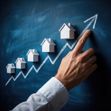 Real estate market growth concept with miniature houses and upward trending arrow on chalkboard