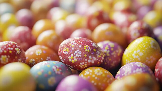 A close-up of vibrantly colored Easter eggs decorated with flower designs.