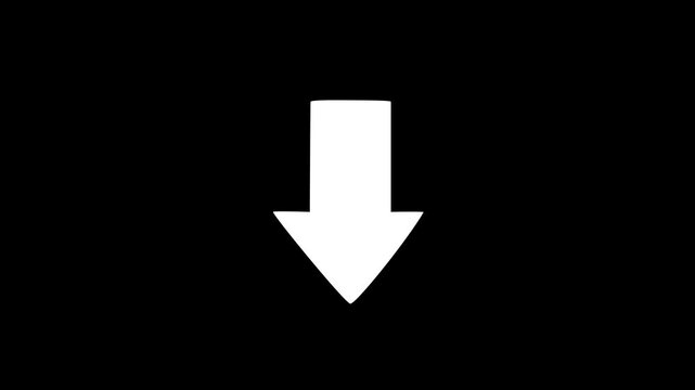 Animated white bouncing down arrow icon representing scroll direction, download action and navigation. Ideal for websites, mobile apps, UI, HUD, presentations and 4K motion graphics.