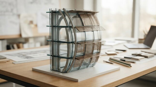 Airport terminal facade engineering model with glass curtain wall segments, curved mullions, perforated aluminum sunshades, and envelope section on a design table.