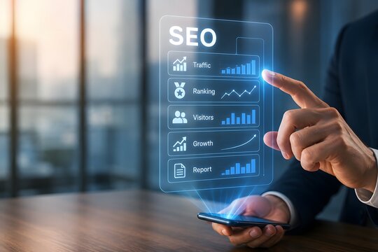 Businessman using mobile phone to analyze search engine optimization data on a digital holographic screen