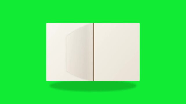 Open blank book page turning animation isolated on green screen background