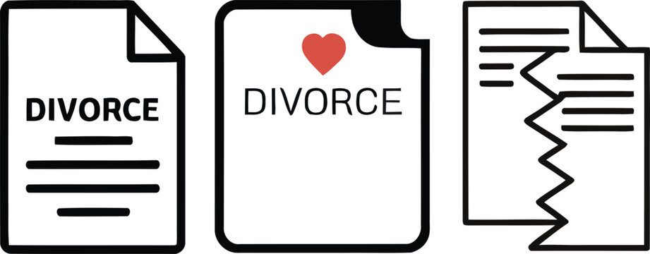 Divorce legal document and paperwork icons set with heart symbol and marriage in outline style