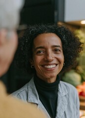 Fototapeta premium Close-up portrait of a woman with curly black hair, smiling widely and looking directly at the camera. she is wearing a black turtleneck sweater and a gray blazer.