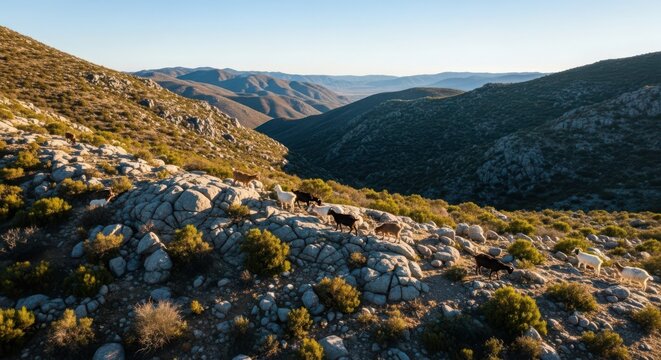 Goats grazing on a rocky, sunlit mountainside with a vast valley and hills in the background