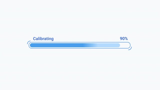 Flat vector animated calibration progress bar with loading indicator and status text. Ideal for software interfaces, system calibration, diagnostics, and technology motion graphics.