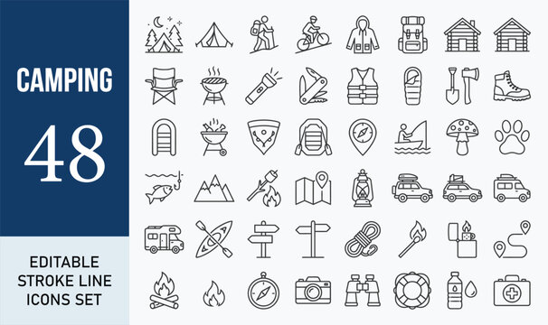 Camping icon set. Outdoor activities related line icons: camp, tent, fishing, forest, campfire, hiking, mountain, biking, adventure and more. Editable stroke. Vector illustration.