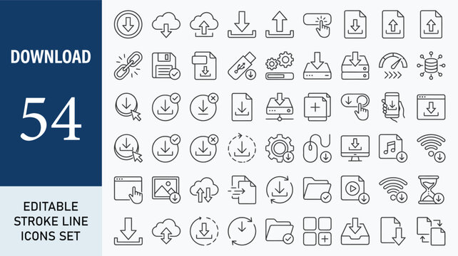 Download icon set. Containing upload, document, arrow, link, folder, download file, data, PDF, cloud storage, web, button and more. Editable line icons. Vector illustration.