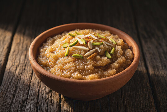 Traditional Indian wheat halwa garnished with nuts and saffron