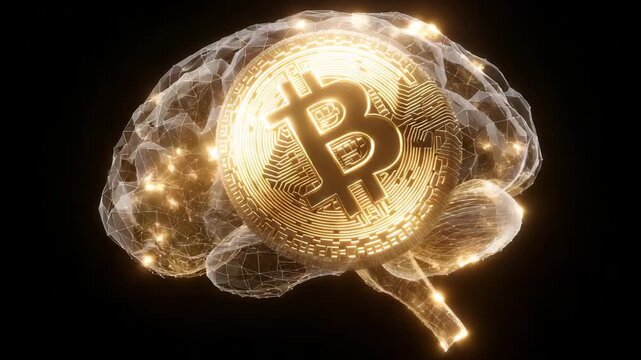 A brain made of digital elements displays a coin symbolizing cryptocurrency in a dark setting