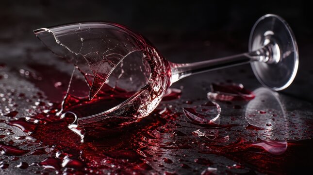 A shattered wine glass lies on a dark surface with spilled red wine and scattered glass shards.
