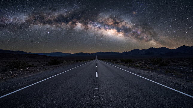Empty Highway Road Stretching Toward Horizon Under Milky Way Galaxy