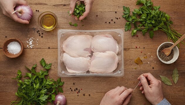 Raw chicken thighs with garden herbs on wood
