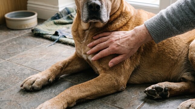 Bare hand resting on the greying shoulder of an old dog lying on tiles with warm window light rimming the fur along its spine, representing festive senior dog care companionship and comfort concept