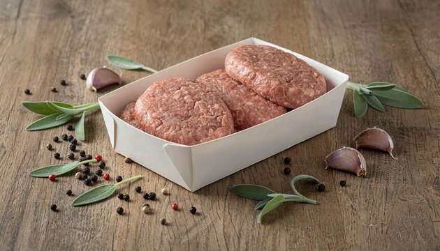 Raw sausage patties in tray with fresh herbs