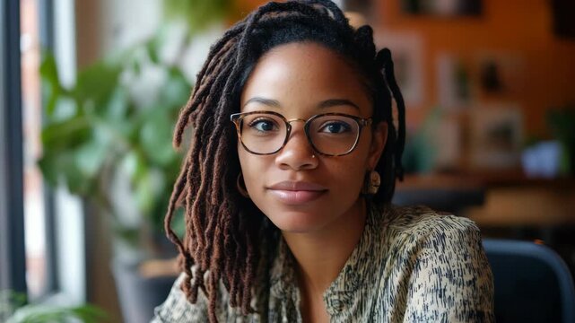 The depicts a woman with curly hair and eyeglasses, wearing a patterned shirt, seated indoors and gazing slightly away from the camera. She appears to be deep in thought or lost in her daydreams.