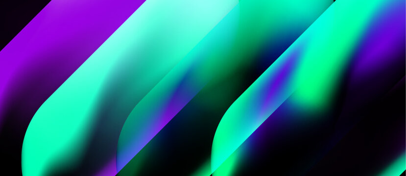 Abstract fluid shapes, vibrant colors blend. Dynamic composition creates modern visual impact. Smooth gradients, dark background.