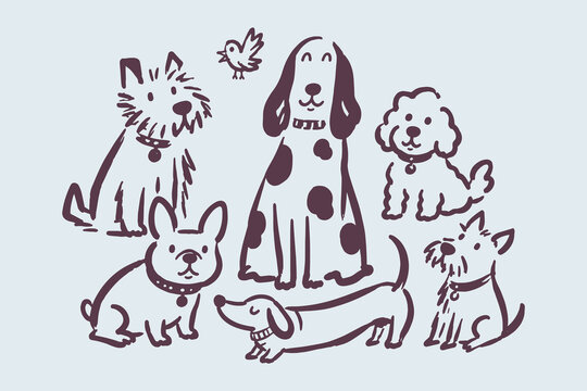 Dog Breeds Doodle Vector Set Illustration