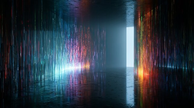 Cyberglow corridor with dynamic neon pathways blending futuristic glow and ambient light intensity