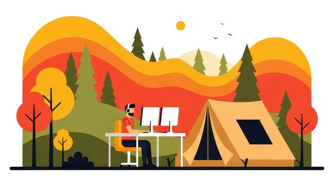 Digital Nomad Working Remotely from a Tent in the Forest, Flat Vector Illustration of Outdoor Office and Camping Lifestyle
