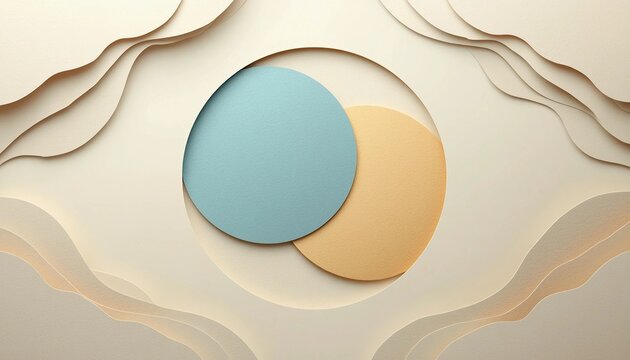 Minimalist papercut background with blue and yellow overlapping circles framed by layered beige waves