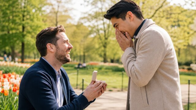 Lgbtq proposal in park, joyful male couple, emotional outdoor moment, engagement surprise, spring garden scene