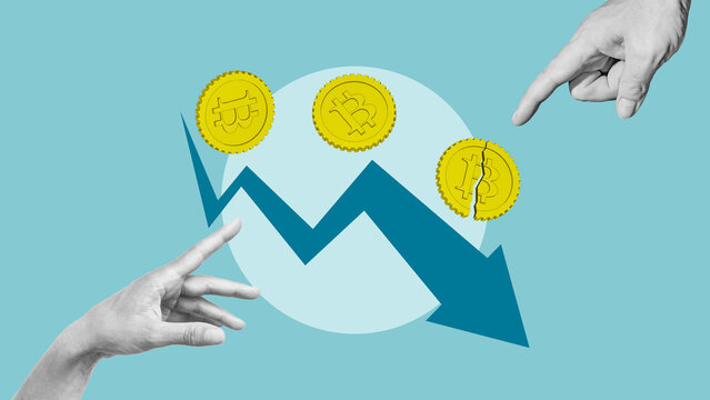 Bitcoin Market Crash, Cryptocurrency Price Decline, Digital Asset Selloff, Crypto Volatility, Investor Panic, Bear Market, Financial Loss, Broken Bitcoin Coin and Falling Trend