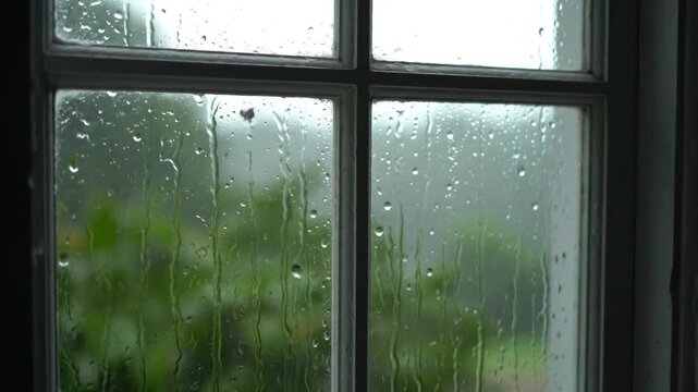 Raindrops sliding outside the window from an indoor perspective, window glass on rainy days