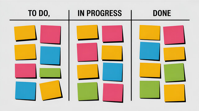 Kanban board visualization featuring organized colorful sticky notes categorized into to do in progress and done columns for effective agile project management and task tracking workflow