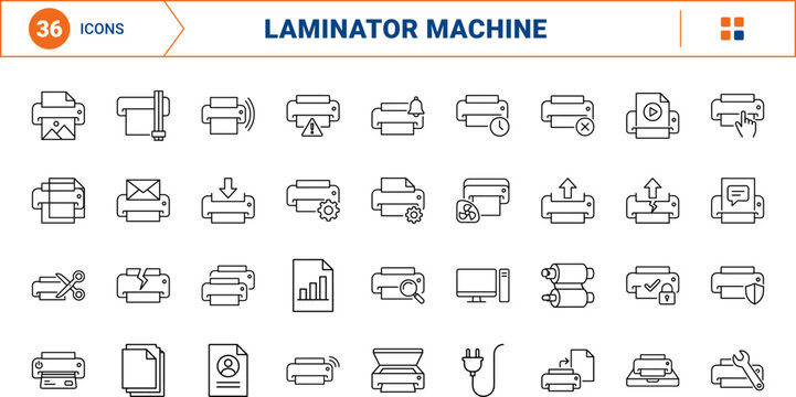 Laminator Web Icon Set in Linear Style. Collection of Document Preserver line icons, including check mark, security, settings, temperature control, document pouch, heating rollers, sheet feeder