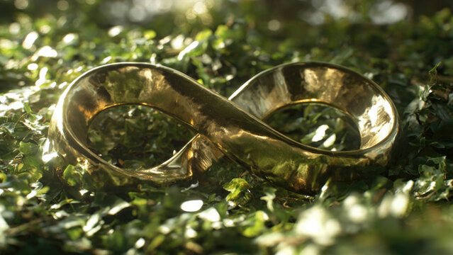 Golden infinity symbol resting among lush green foliage symbolic representation of endlessness