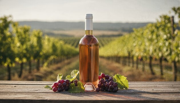 Rose wine bottle on a rustic vineyard table with fresh grapes