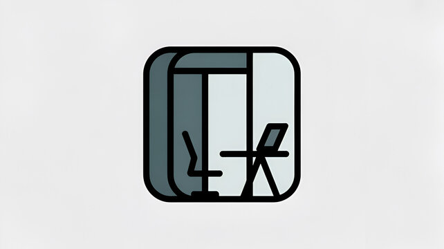 Modern office pod icon featuring a sleek desk chair and laptop computer illustration created with thick bold lines and soft muted gray color palette tones