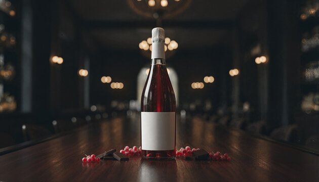 Ruby sparkling wine bottle with white label in a moody restaurant