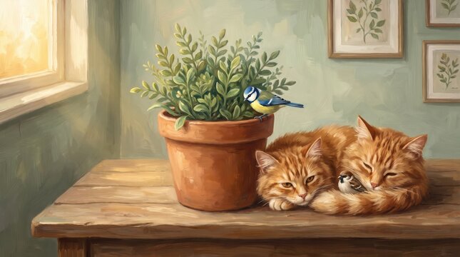 Two fluffy ginger cats sleeping peacefully on a wooden table next to a potted plant with two small birds nearby