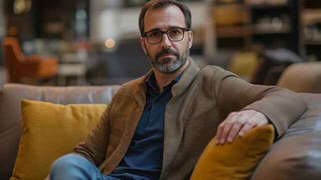 Man with glasses sits relaxed on a couch. He wears a textured jacket and blue shirt. His hand rests casually on a yellow cushion. The room features warm lighting and cozy decor